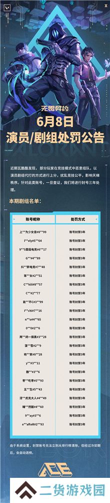 无畏契约6月8日演员剧组处罚公告 无畏契约演员剧组处罚公告